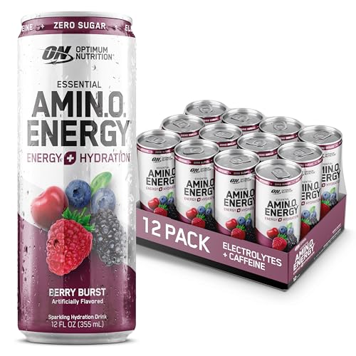 Optimum Nutrition Amino Energy Sparkling Hydration Drink, Electrolytes, Caffeine, Amino Acids, BCAAs, Sugar Free, Berry Burst, 12 Fl Oz, 12 Pack