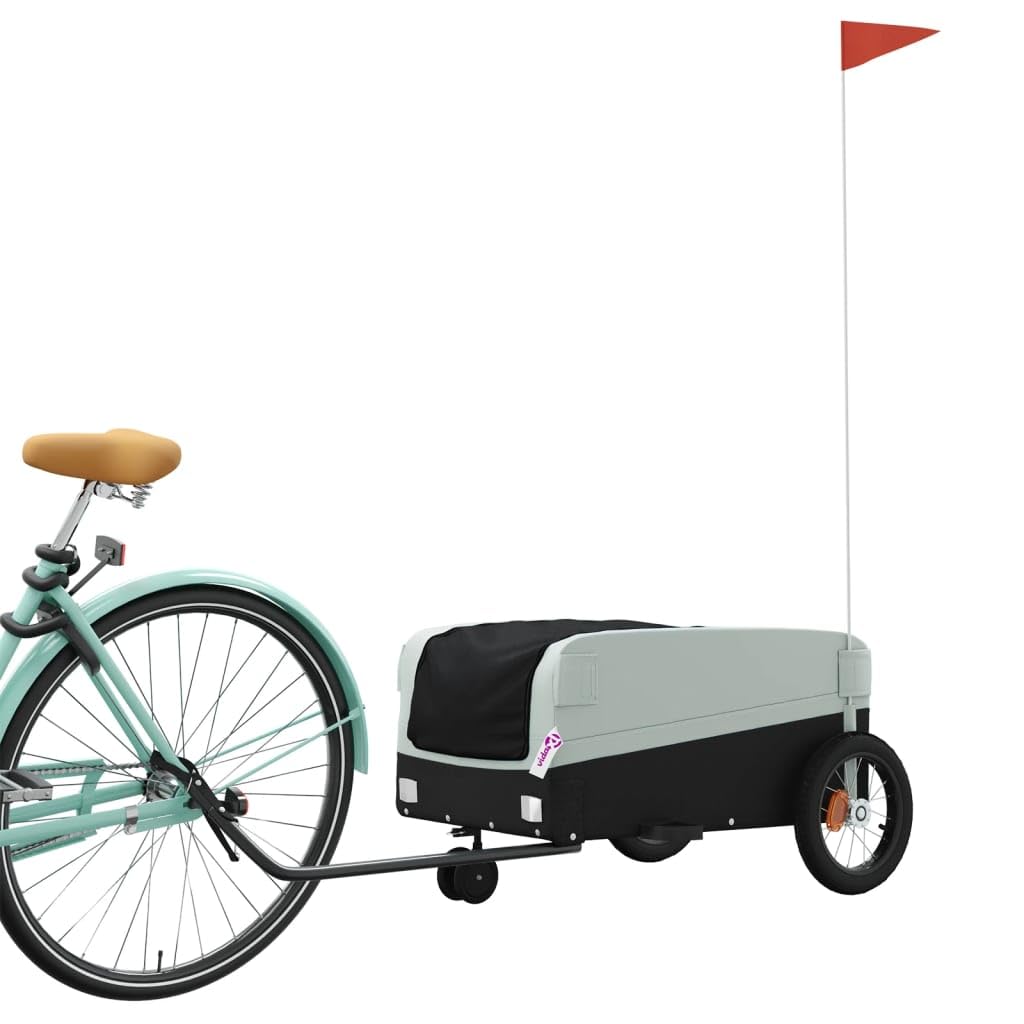 Fahrradanhänger Schwarz und Grün aus Eisen mit Oxford-Gewebe, Tragkraft, x 52,5 x 42, Deichsel und Sicherheitsflagge für Gepäck, Einkauf, Outdoor