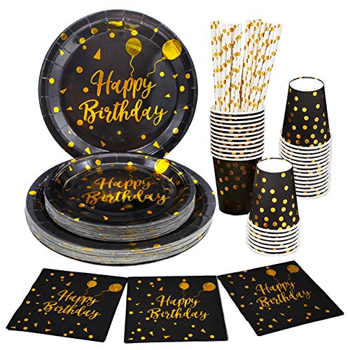 125 PCS Black and Gold Party Supplies Birthday Party Plates and Cups and Napkins Serves 25 Gold Disposable Dinnerware Sets for Birthday Party Graduation Baby Shower