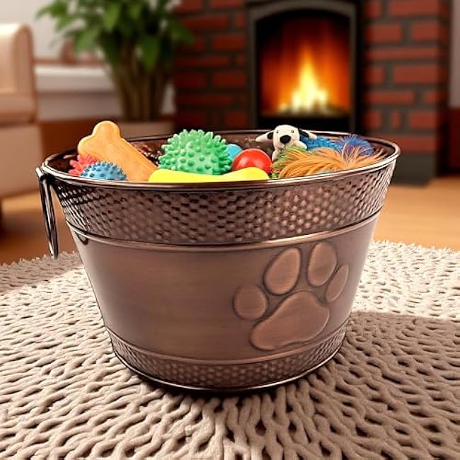 Metal Indestructible Dog Toy Bin - Storage Bin with Handles, Farmhouse Organizer Storage Basket for Pet Toys, Blankets, Leashes - Home Decor (Lead-Free Copper)