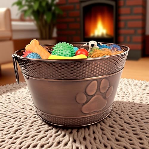 Metal Indestructible Dog Toy Bin - Storage Bin with Handles, Farmhouse Organizer Storage Basket for Pet Toys, Blankets, Leashes - Home Decor (Lead-Free Copper) - Image 3