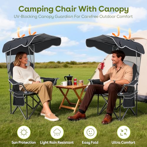Suteck Camping Chair with Canopy, Outdoor Beach Chair with Adjustable Sun Shade Canopy, Cup Holder, Side Pockets - Heavy Duty Folding Chair with Full Sun Protection Supports 500lbs, Black by Suteck - Used condition - Image 2