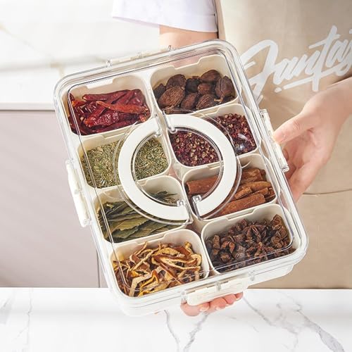 Portable Divided Serving Tray with Lid Handle Food-Safe Plastic Organizer for Spices Snacks Multifunctional Organization Portable and Airtight