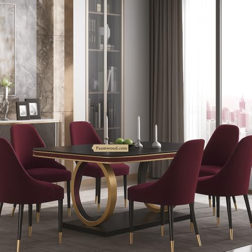 Image of 6-Seater Dining Table with Nano Composite Marble Top and PVC Golden Wooden Base |2yr Warranty - Includes 6 Fabric Upholstered Chairs (Maroon)
