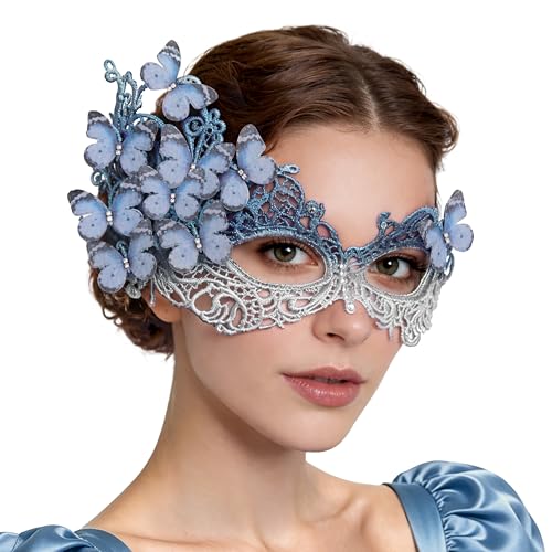 BABEYOND Elegant Butterfly Mask for Women Mardi Gras Masquerade Ball Venetian Style Party Costume Accessory(Blue)