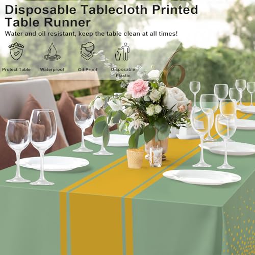 Image of 12 Pack Sage Green and Gold Tablecloth Party Decorations Plastic Sage Green Tablecloth Printed Gold Table Runner 54 x108 Inch Disposable Rectangle Table Cover for Birthday Wedding Graduation