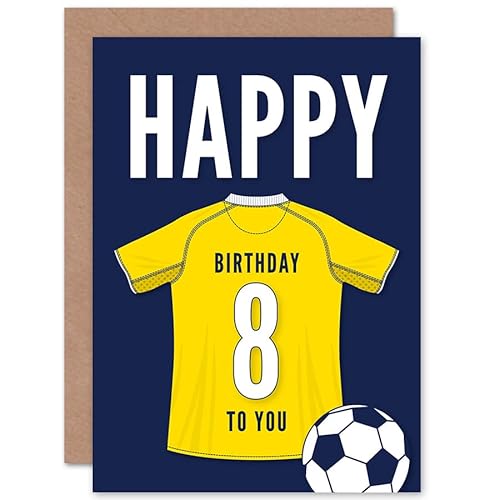 Artery8 Soccer Football 8th Birthday Card for Boys Girls Yellow Jersey Football Top on Dark Blue Background