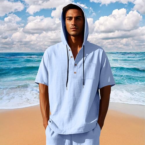 Mens Linen Hooded Shirts Summer Loose Fit Breathable Lightweight Casual Tshirt Outdoor Beach Button Short Sleeve Tops2