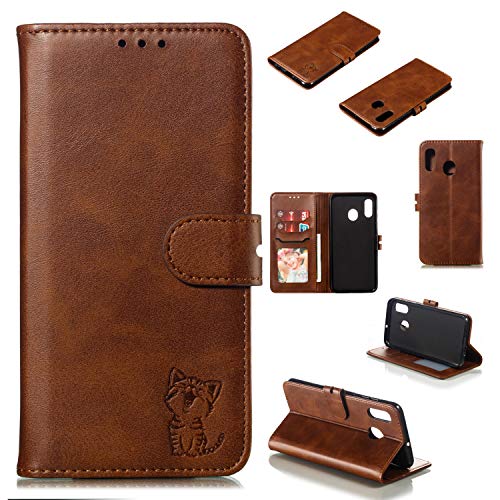 Robinsoni Case Compatible with Samsung Galaxy A30 Retro Leather Wallet Cover with Card Holder Slots Cat Printed Folio Flip Book Cover TPU Silicone Inner Case Kickstand Magnetic Closure Case, Brown