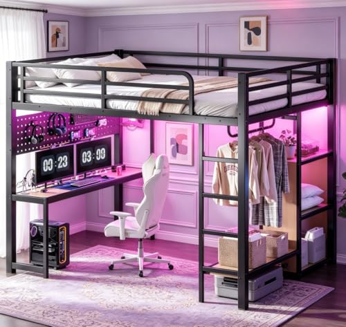 Image of Bellemave Queen Size Loft Bed with Desk,with USB Ports, Lights, and Hanging Rod, Cave Board Design, Metal Queen Loft Bed Frame for Adults, Kids, Teens, Black