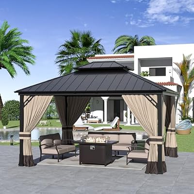 Kurapika 12' x 14' Hardtop Gazebo, Outdoor Metal Gazebo with Galvanized Steel Double Roof Canopy, Curtain and Netting, Aluminum Permanent Pavilion Gazebo for Patio, Backyard, Lawn, Sand
