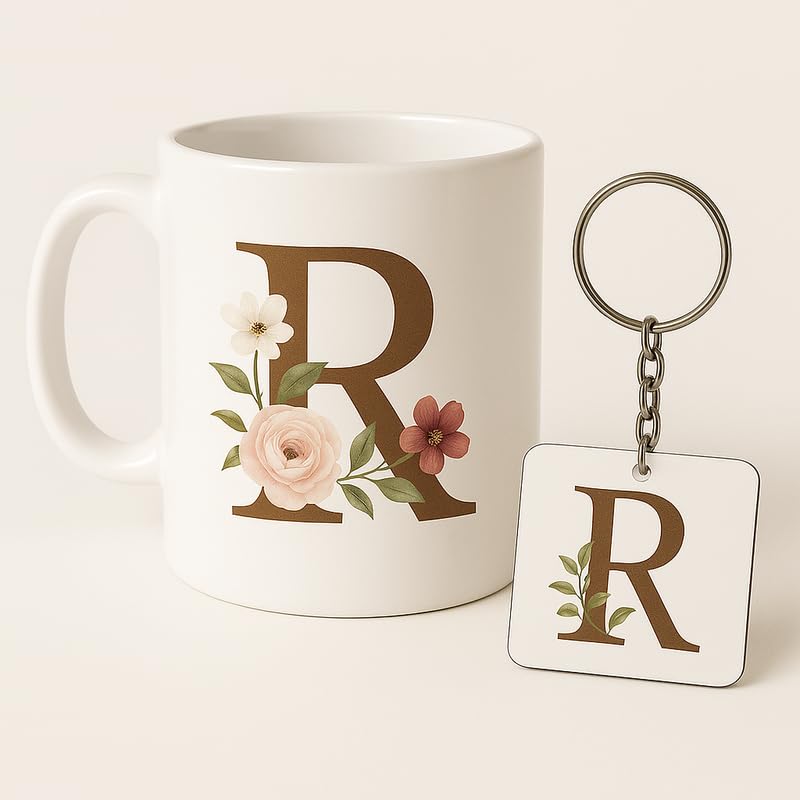 Image of Letter R Mug and Keychain Set - Elegant Floral Monogram Gift for Her /Him - Coffee Cup and Key Ring with Initial R - Coffee Mug for Everyone Any Occasion 4646 18