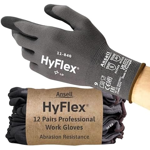 Ansell HyFlex 11-840 Ergonomic Abrasion-Resistant Nylon Spandex Nitrile Coated Industrial Gloves for Automotive, Fabrication - Med (8) Grey (12 Pairs) Cover