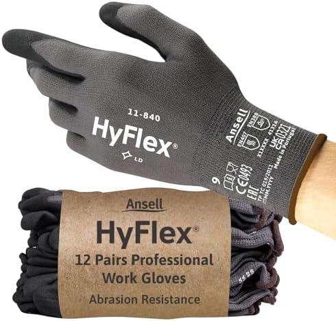Ansell Hyflex 11-840 Professionele Werkhandschoenen, Beschermende Handschoenen Mechanische, Kluswerkzaamheden, Behandeling, Tuinieren, Industriële Handschoen Heren Dames, Grijs, Maat M (12 Paar