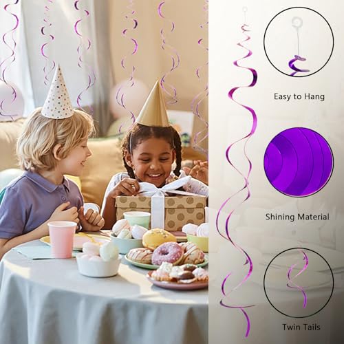 Image of Hanging Swirl Decorations Hot Pink 30 Pcs, Party Swirl Decorations -Twin Tails Ceiling Swirl Foil Decorations, Pink Party Decor for Wedding /Baby Shower /Birthday Party (Purple)