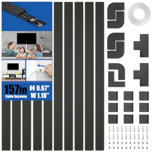 Delamu 157in Cord Hider, Cord Cover Wall Cable Management, Paintable Wire Cover for Cords, Cable Hider Raceway Kit, Cable Cover Concealer, Wire Hiders for TV on Wall, 10 X L15.7 W1.18 H0.6in, Black