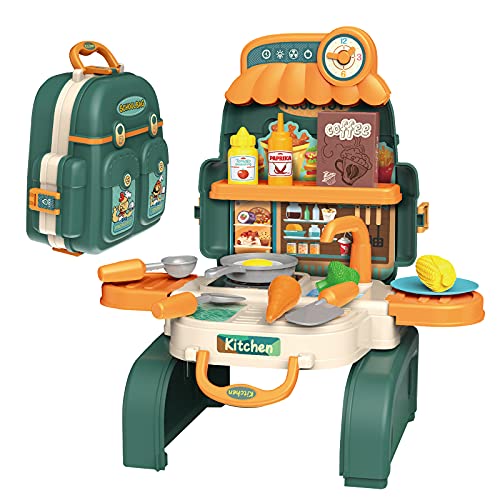 D-FantiX Backpack Kitchen Set for Kids, 3 in 1 Kids Mini Kitchen Pretend Play Toys Cooking Playset with Play Pots and Pans Set, Kids Play Kitchen Food Accessories Gift for Toddlers Boys Girls