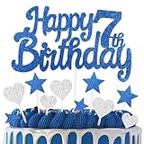 mciskin 7th Birthday Cake Topper,7th Birthday Decorations for Boys Girls,Royal Blue Cake Decorations,Personalised Cupcake Toppers with Heart Star for Girl Boy Women Men Party Supplies - Image 1