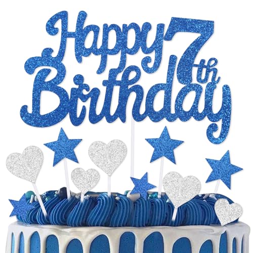 mciskin 7th Birthday Cake Topper,7th Birthday Decorations for Boys Girls,Royal Blue Cake Decorations,Personalised Cupcake Toppers with Heart Star for Girl Boy Women Men Party Supplies