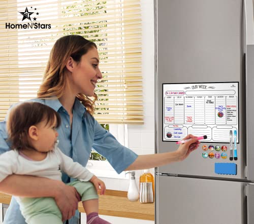 Magnetic Weekly Dry Erase Board Calendar Whiteboard Magnetic Weekly Planner For Refrigerator - Stain Resistant Nano Technology - 3 Fine Tip Markers And Eraser, 10 Highlight Icons 16Inchx12Inch #TOP2