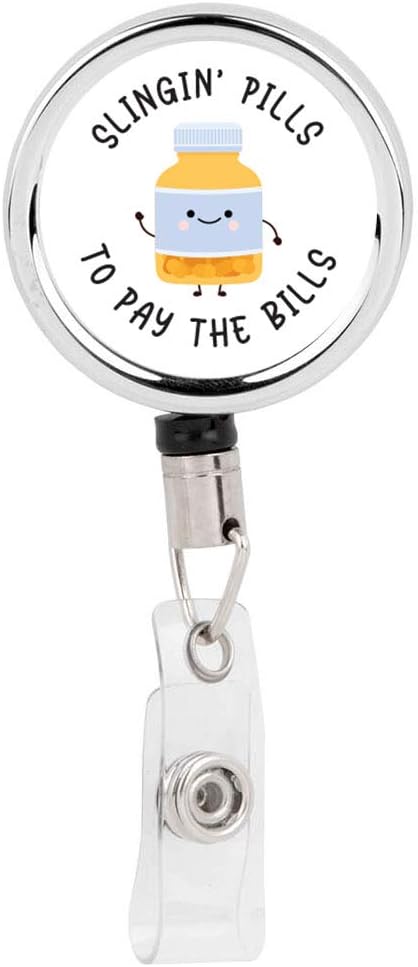 Andaz Press Retractable Badge Reel Holder with Clip, Heavy Duty Metal Name Tag ID Key Belt Clip Slingin' Pills to Pay The Bills Pharmacy, Essential Nurse, RN, Medical Doctor, Hospital ER Work Gift