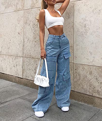 SEMATOMALA Women's Multi-Pockets Baggy Denim Jeans Pants Hip Hop Dance Y2K E-Girls Loose Flare Wide Leg Trousers Streetwear3
