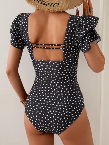 Image of Eomenie Women's Tummy Control One Piece Swimsuit Ruffle Square Neck Bathing Suit Ruched Cutout Back Slimming Swimwear