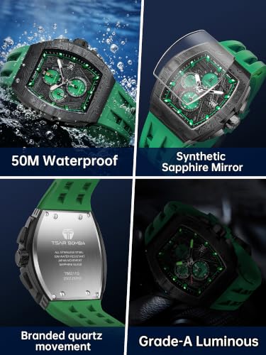 Image of TSAR BOMBA Men's Luxury Quartz Watch, Luminous Dial 5ATM Water Resistance Silicone Strap Men's Wristwatch Ideal Gift for Men
