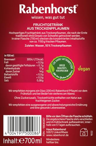RABENHORST Pflaumi 6er Pack (6 x 700 ml). Fruchtiges Pflaumen-Getränk aus ungeschwefelten Trockenpflaumen