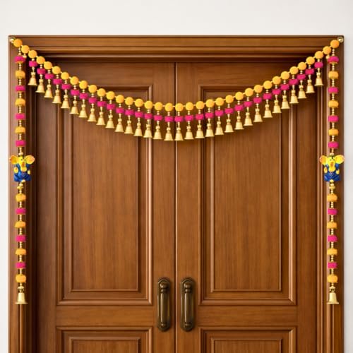Image of Handmade Multicolor Pom Pom Bandhanwar Set for Main Door with Ganesha Door Hangings | Bright Traditional Toran with Bells for Mandir, Pooja Room, Diwali, Wedding & New Home Decor (39 Inch)