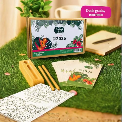 Image of 2026 Eco-Friendly Desk Calendar with Wooden Stand & Plantable Seed Pens and Diary - Sustainable 2026 Calendar Planner for Home & Office - Zero Waste New Year Gift & Grow Your Own Plant Kit by Bombay Greens