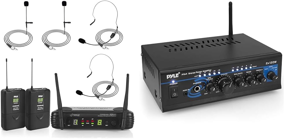 Pyle 2 Channel Wireless Microphone System - Portable UHF Digital Audio Mic Set with 2 Headset, 2 Lavalier lapel, 2 Transmitter, ¼’’ cable, power adapter - For Karaoke, PA, DJ, - PDWM3400,Black