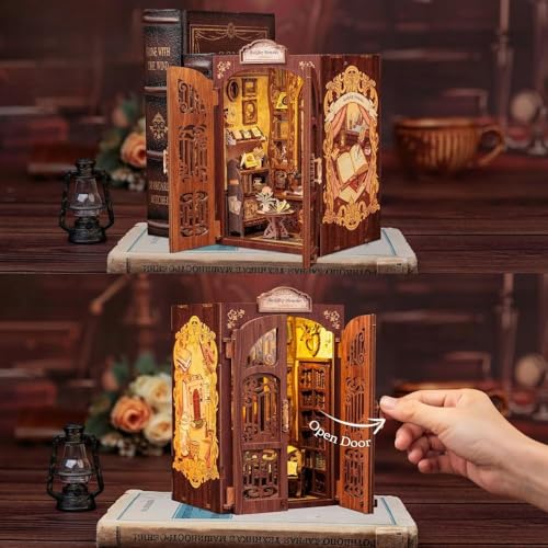 Image of Bookshop Memories Book Nook Kit with LED Light, DIY Miniature Vintage Bookshop Dollhouse, 127PCS 3D Wooden Puzzle Bookshelf Decor, Creative Gift for Adults, Teens & Beginners