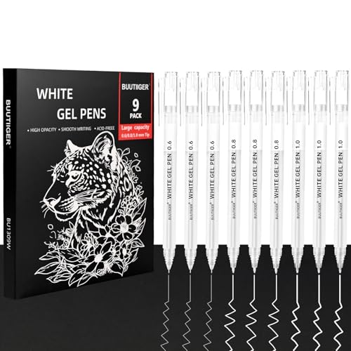 White Gel Pens,0.6/0.8/1.0mm Fine Point White ink Pens Set, 9 Pack