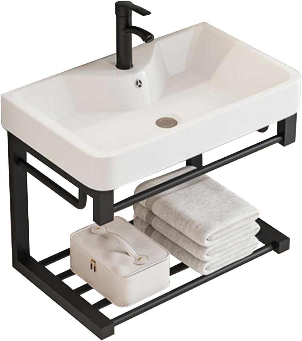17 Inch Floating Wall Mounted Bathroom Vanity, Black Mini Vanity with Porcelain Basin & Open Shelf for Small Bathroom
