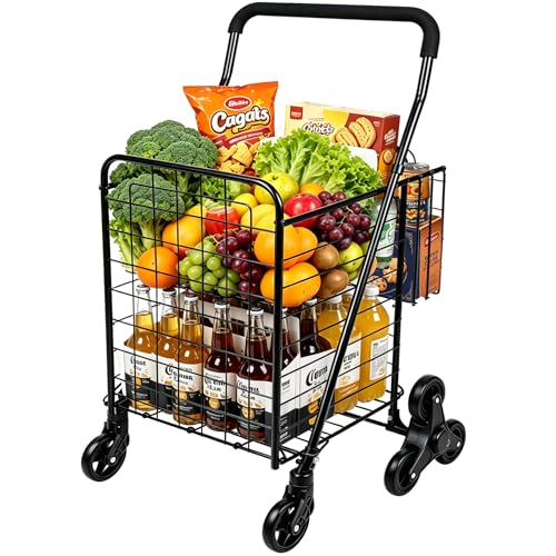 Kiffler Grocery Shopping Cart with 360° Rolling Swivel Wheels Stair Climber Utility Cart Easily Collapsible Cart with Tri-Wheels, Extended Foam Cover, Trolley for Stair, Laundry, Travel (Black)