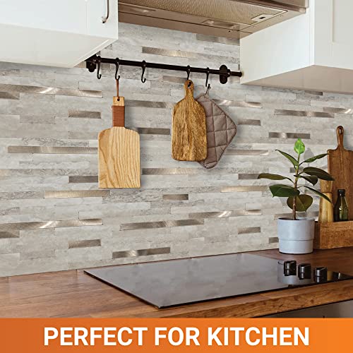Milesun 10 Sheets Peel And Stick Pvc Backsplash Mosaic Tile, 10.5 Inch X 11.5 Inch Stick On Tiles For Backsplash Kitchen, Bathroom, Laundry Room, Camper, Fireplace (Beige Marble With Real Metal) #TOP5