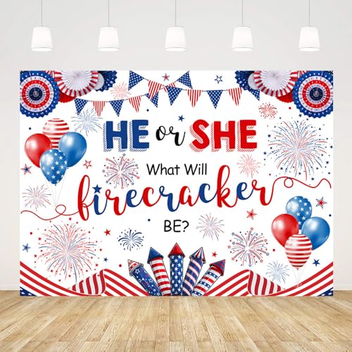 AIBIIN 7x5ft Firework Gender Reveal Backdrop He or She What Will Firecracker Banner 4th of July Memorial Patriotic Decorations for Boy Or Girl Blue Pink Banner for Baby Shower Photo Studio Props - Thumbnail 5
