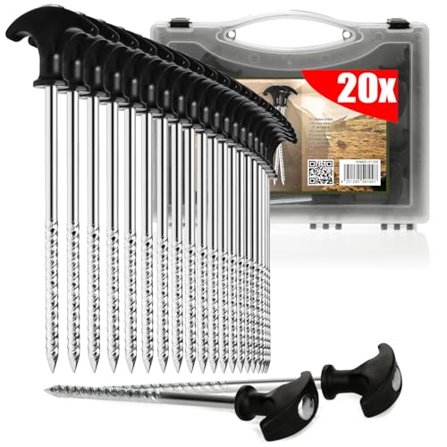 COM-FOUR® 20x picchetti in acciaio - robusti picchetti con filettatura nella scatola di trasporto, per il campeggio e all'aperto - ideali per terreni normali e duri, con impugnatura a T