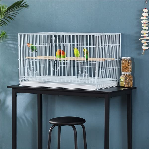Cage à Oiseaux 77,5 x 46,5 x 46cm Blanc avec Plateau Coulissant 2 Perchoirs en Bois