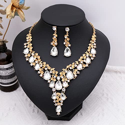 CSY Elegant Crystal Costume Jewelry Sets Flower Bridal Necklace Earrings Stretch Bangle Set for Bride Bridesmaid Wedding Dress Accessories (white crystal-gold tone) by CSY - Used condition - Image 4