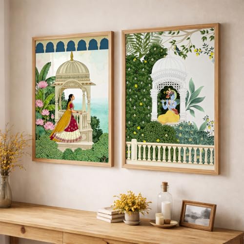 Image of TheMakerly Traditional Indian Wall Painting Set of 2 | Radha Krishna Wall Art Frames | Vintage Religious Wall Decor for Living Room Bedroom Home Temple (KR04, 13x19 inches)