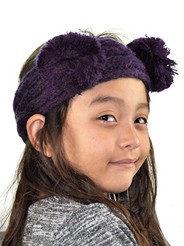 C.C Children's Kids' Double Pom Cable Knit Fuzzy Lined Ear Warmer Headband, Dark Purple