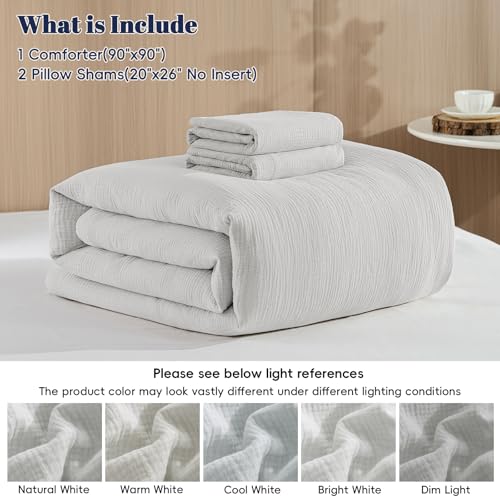 Image of PHF Cotton Muslin Comforter Set Queen - 100% Cotton Cover, Ultra Soft & Breathable, 3PCS Lightweight All-Season Bedding with Polyester Fill, 1 Comforter 90 inchx90 inch & 2 Pillow Shams 20 inchx26 inch, Light Grey