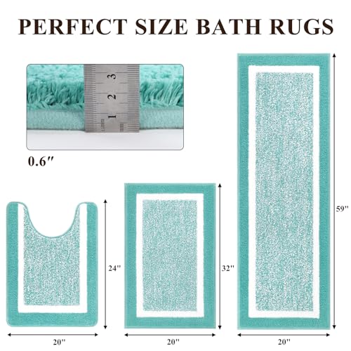Pauwer 3-Piece Bathroom Shower Rug Set - U-Shaped Toilet Mat, Absorbent Microfiber Plush Bath Mats with Non-Slip Back, Machine Washable Shaggy Bathroom Floor Mats, Teal