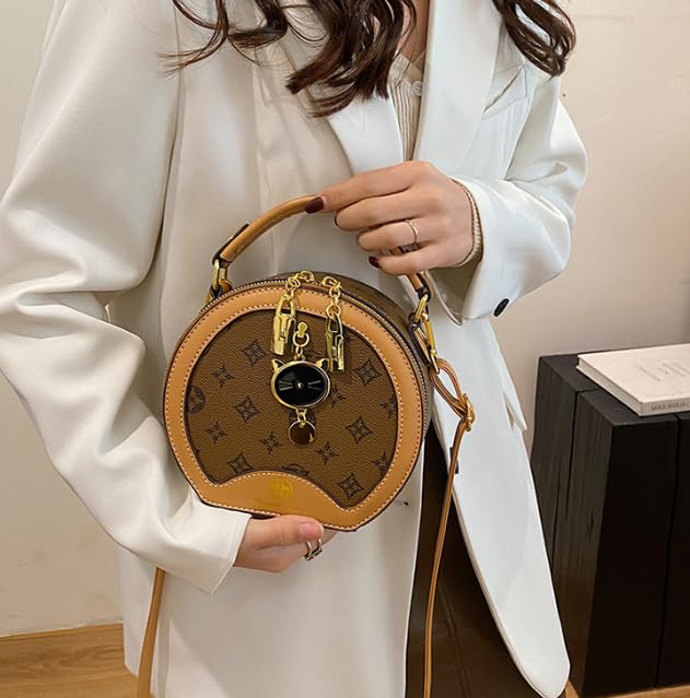 Designer Round Crossbody Handbag, Monogram Print, Brown and Tan with Cat Charm, Gold Hardware2