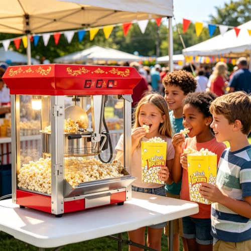 Image of 8 Oz Popcorn Machine with Stainless-Steel Kettle Makes Up to 32 Cups, Vintage Movie Theater Pop Corn Popper with 3-Switch Control, Waste Kernel Drawer, 2 Scoop, Glove & Popcorn Bags