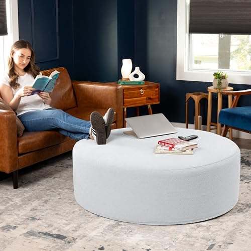 Jaxx Candler Round Couch Ottoman – Oversized Giant Coffee Table Ottoman - Versatile Firm Foam Construction - Kid Safe with Removable Cover, 44”, Luxe Boucle, Boucle White - Thumbnail 6