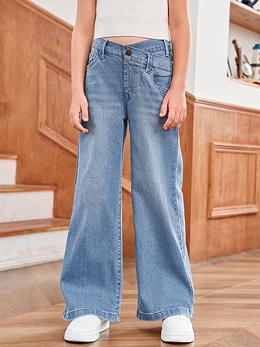 rrhss Girls Flare Jeans Crossover Waisted Wide Leg Jeans Denim Pants for Kids4