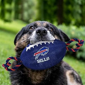 NFL BUFFALO BILLS Football Dog Toy, Tough Nylon Quality Materials with Strong Pull Ropes & inner SQUEAKER in NFL Team Color NFL BUFFALO BILLS Football Dog Toy, Tough Nylon Quality Materials with Strong Pull Ropes & inner SQUEAKER in NFL Team Color